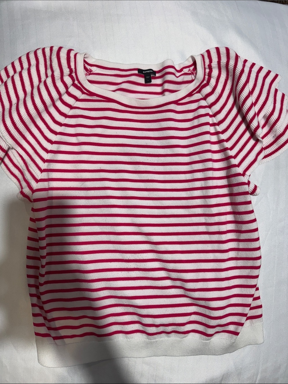 Express White and Hot Pink Striped Crewneck Top
